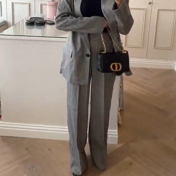 Zara Grey WIDE LEG HERRINGBONE PANTS Size Large - Picture 2 of 14